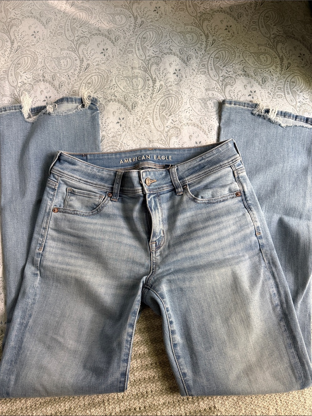 American Eagle Outfitters Light Blue Kick Boot Jeans with Raw Hem